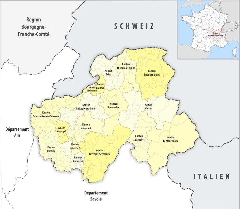 Carte des cantons du département de la Haute-Savoie.