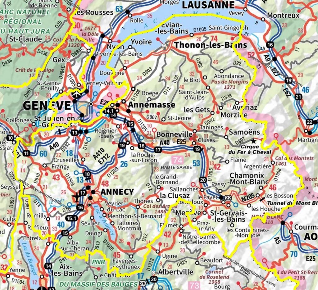 Carte routière de la Haute-Savoie.