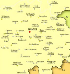 Carte des principales villes des environs de Nantes.