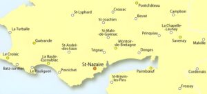 Carte des principales villes des environs de Saint-Nazaire.