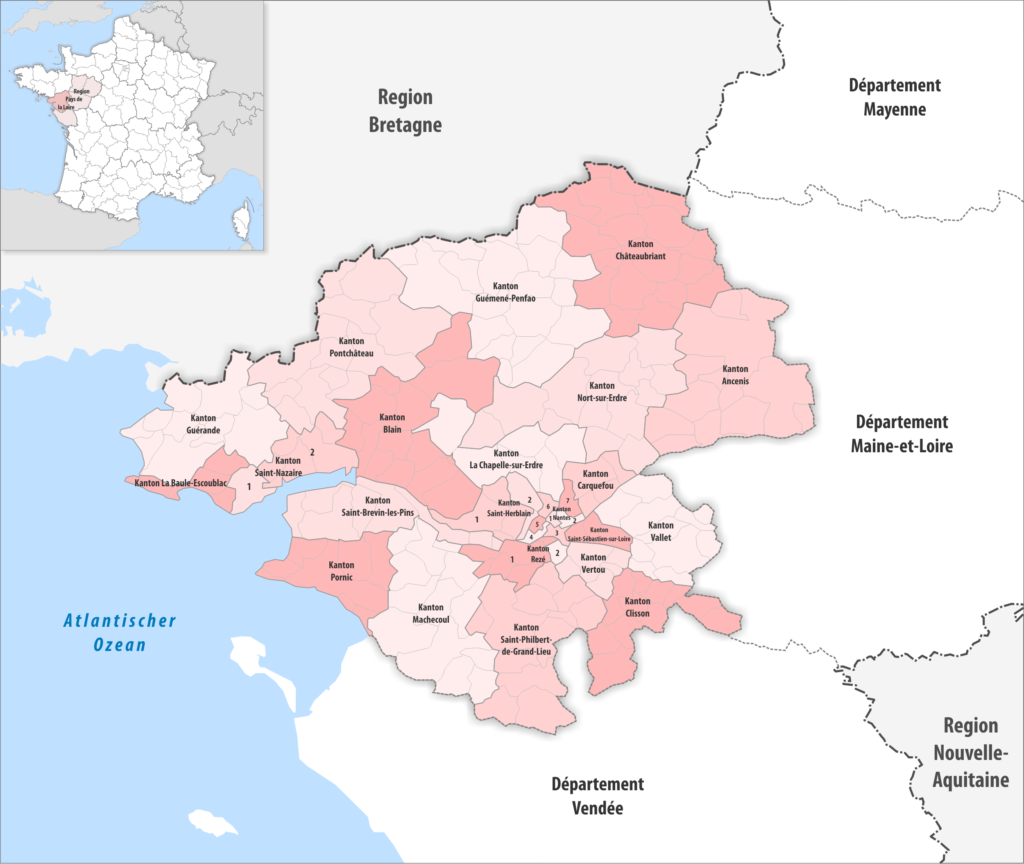 Carte des cantons du département de la Loire-Atlantique.