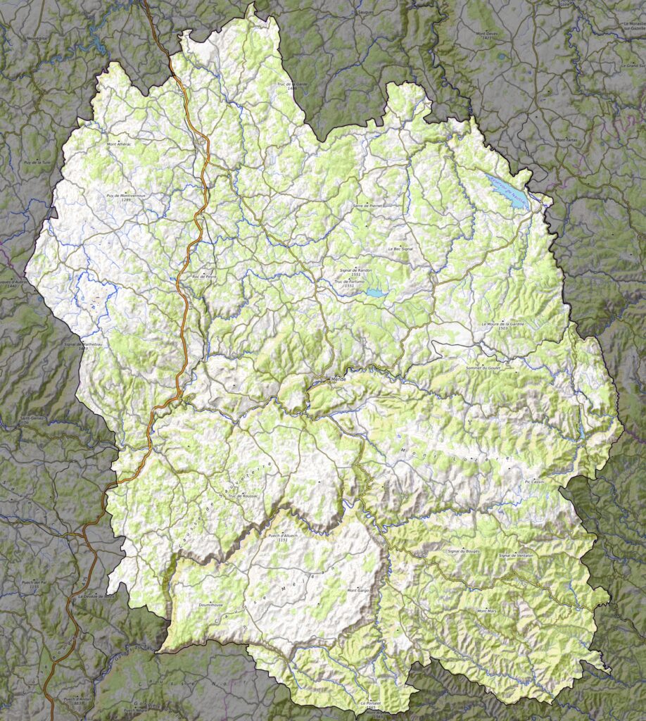 Carte physique du département de la Lozère.