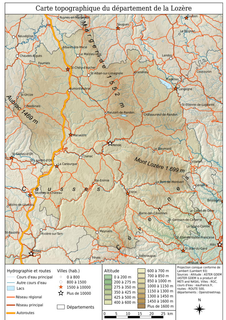 Carte topographique de la Lozère.