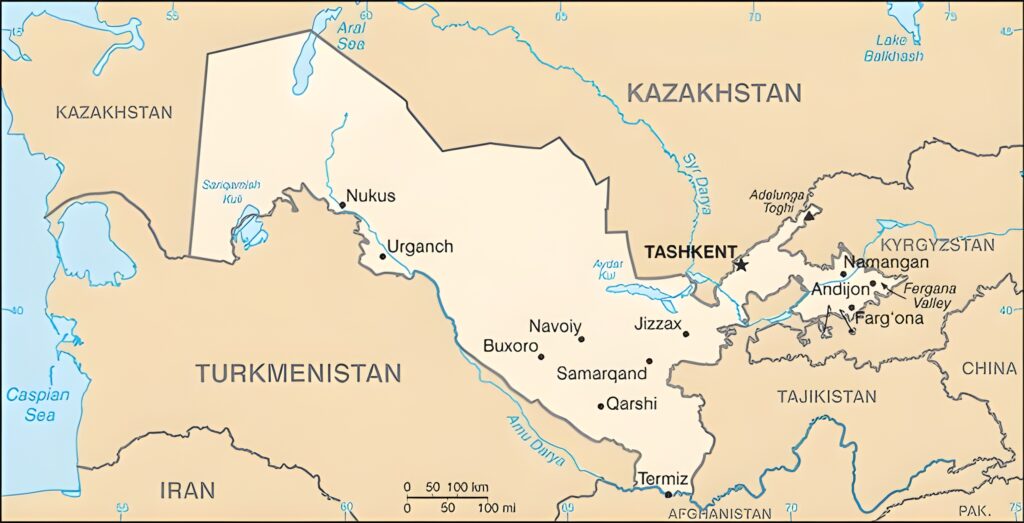 Carte des principales villes d'Ouzbékistan