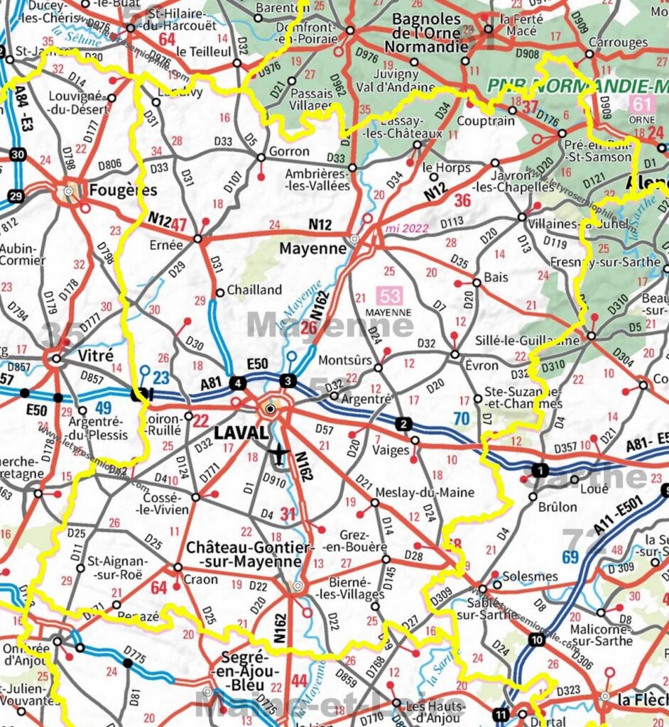 Carte routière de la Mayenne.