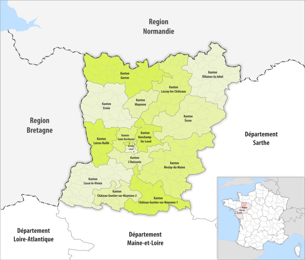 Carte des cantons du département de la Mayenne.