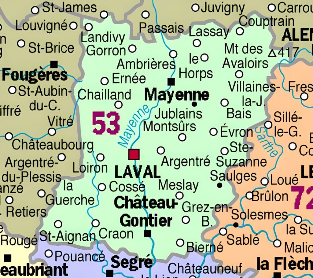 Carte des principales communes de la Mayenne.
