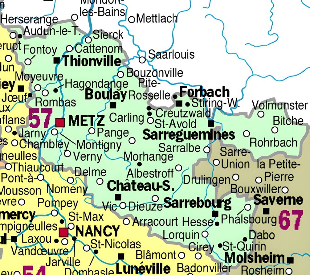Carte des principales communes de la Moselle.