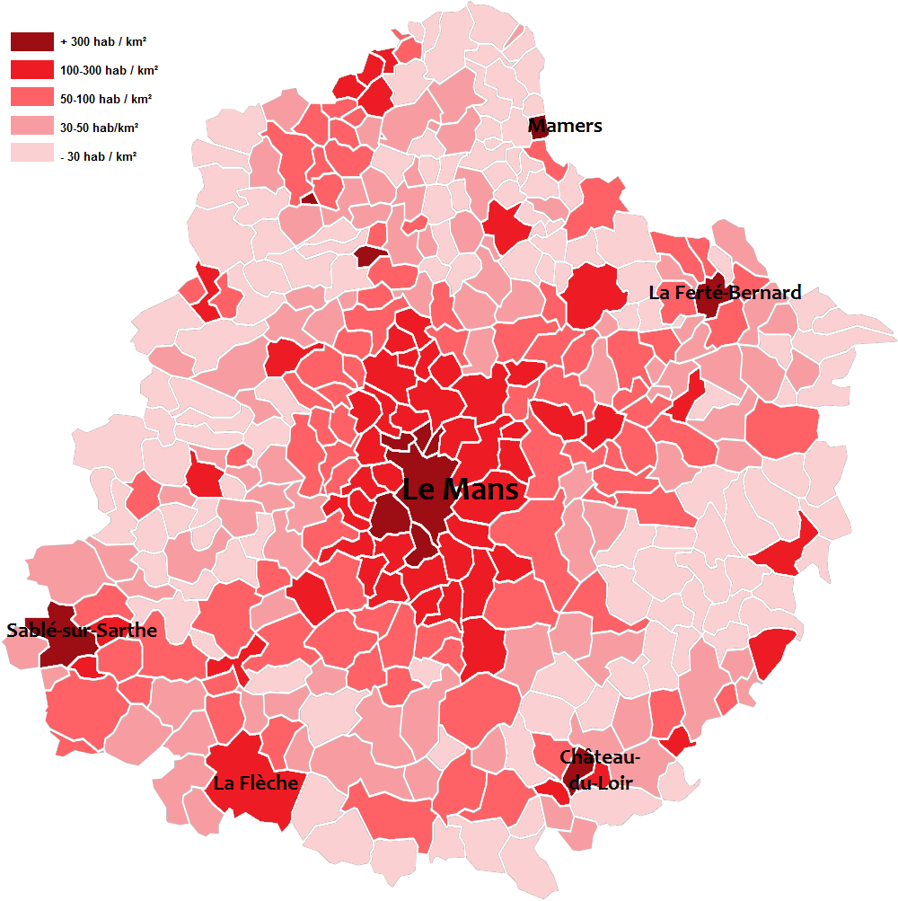 Carte de la densité de population en Sarthe par communes.