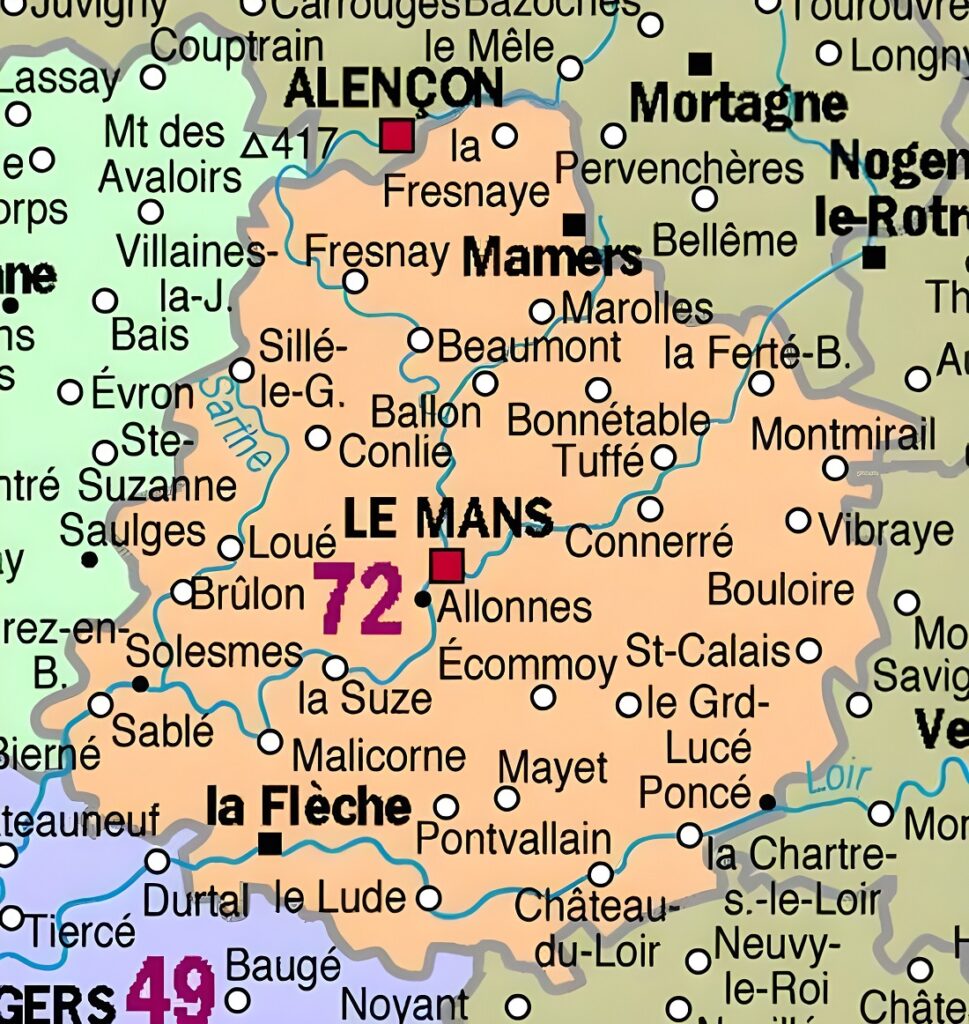 Carte des principales communes de la Sarthe.
