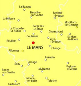 Carte des principales villes des environs du Mans.