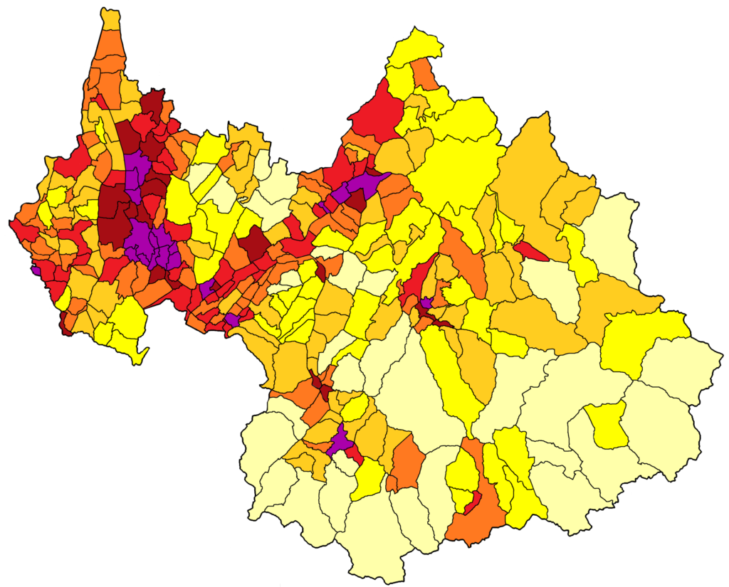 Carte de la densité de population en Savoie par communes.
