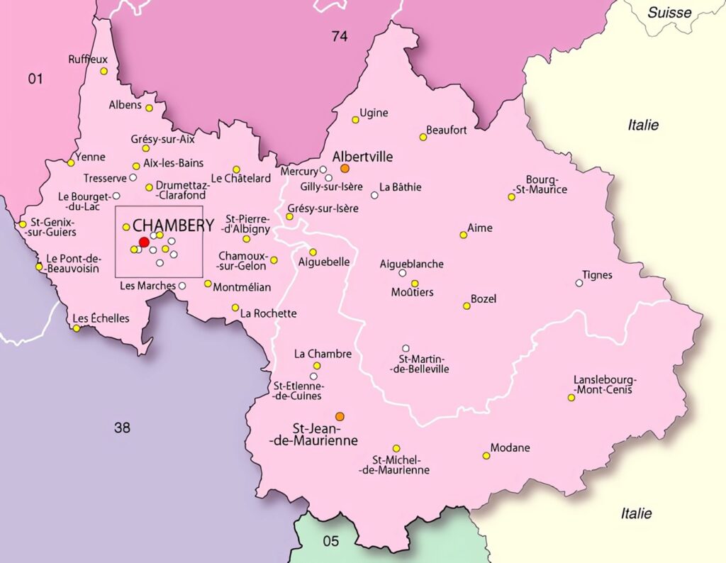 Carte des principales communes de la Savoie