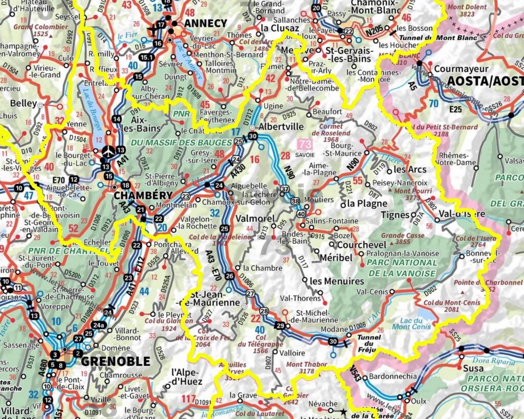 Carte routière de la Savoie.