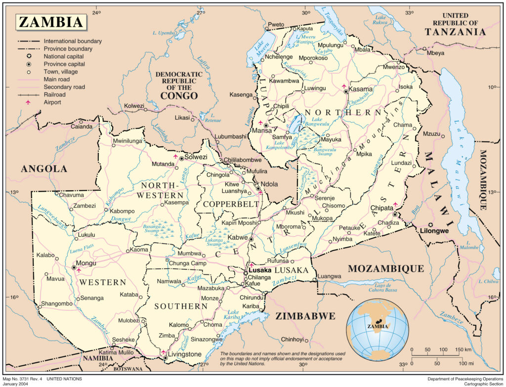 Carte des principales villes de Zambie.