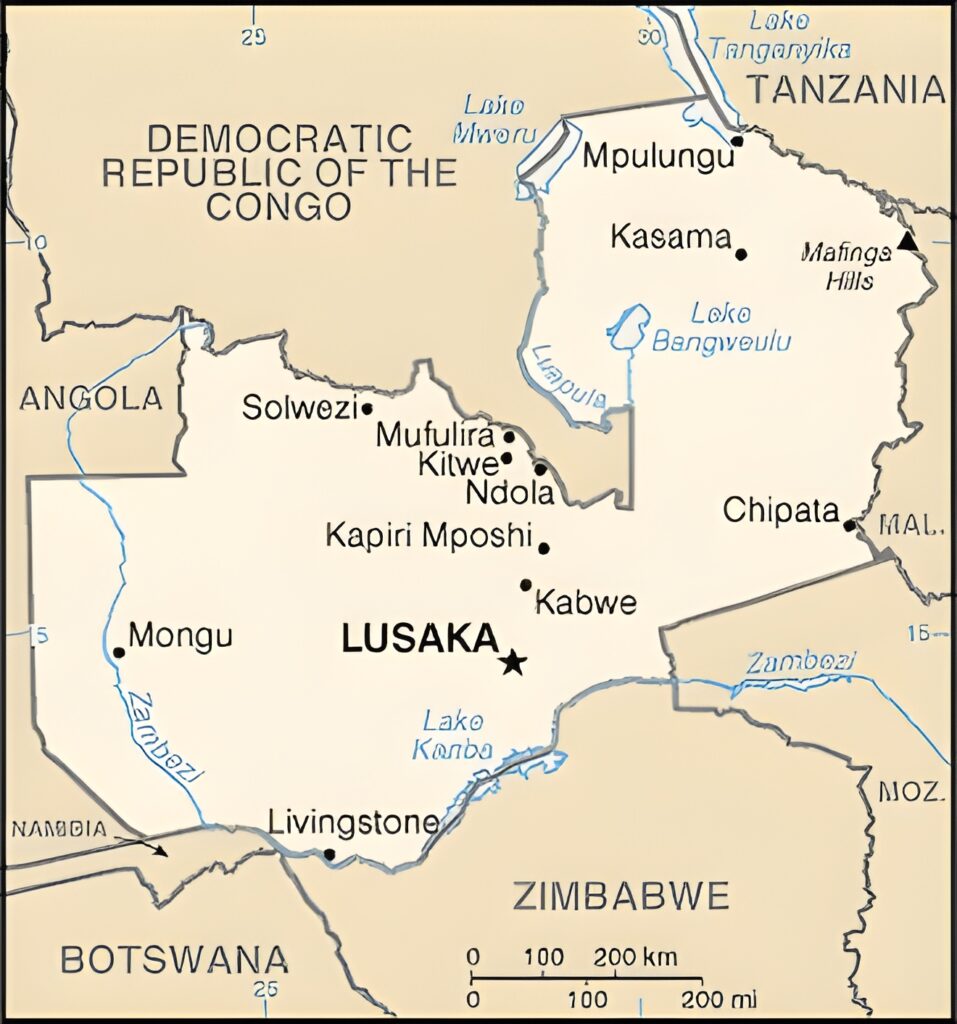 Carte des principales villes de Zambie