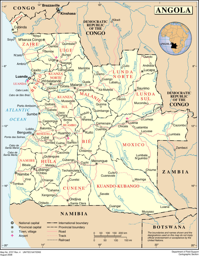 Carte des principales villes d'Angola.