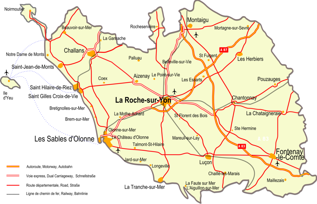 Carte des principaux axes routiers de la Vendée.