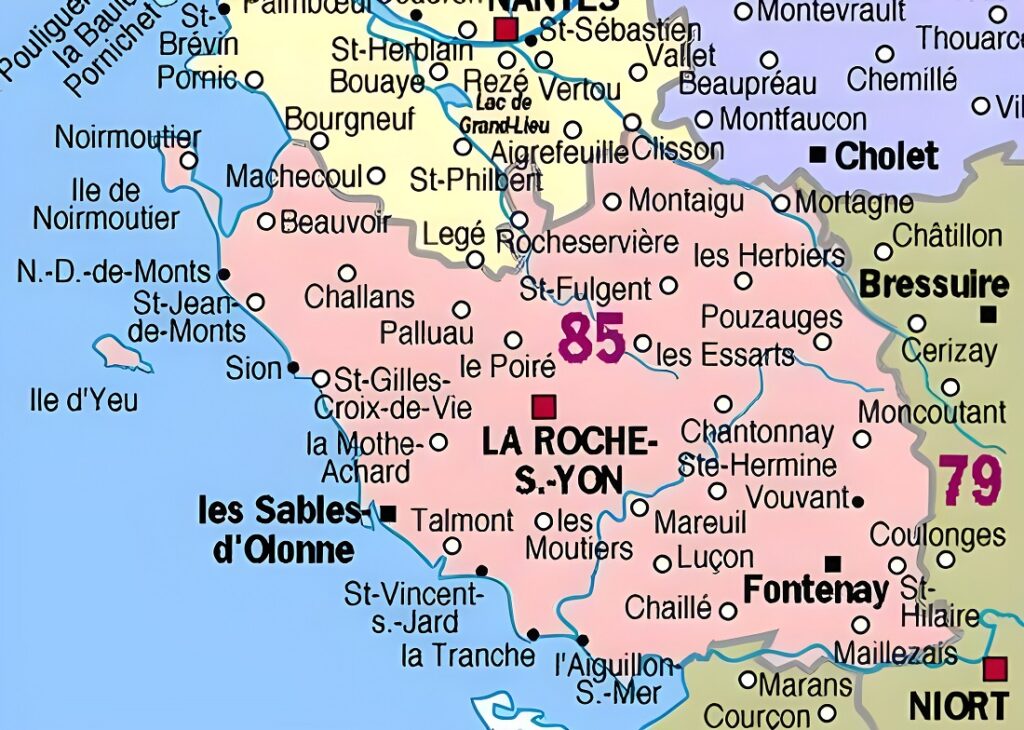Carte des principales communes de la Vendée.