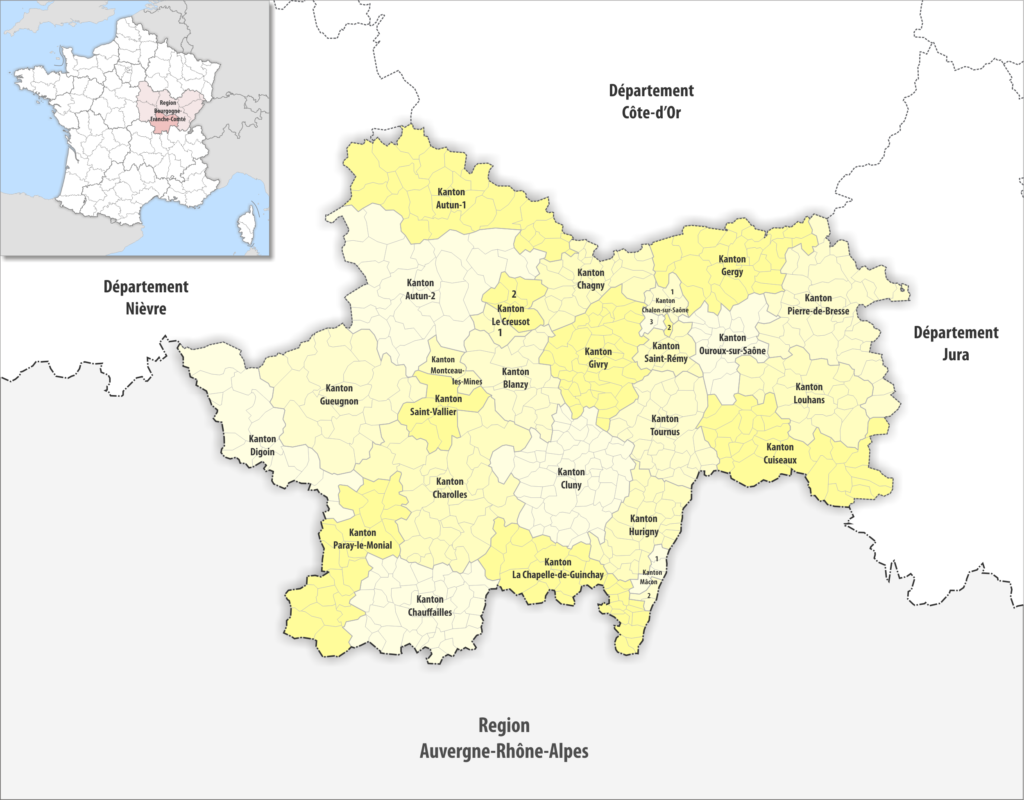 Carte des cantons du département de Saône-et-Loire.