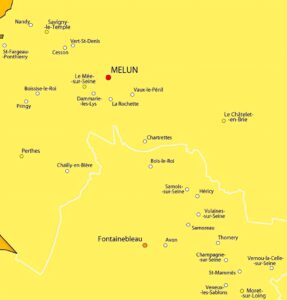 Carte des principales villes dans les environs de Melun.