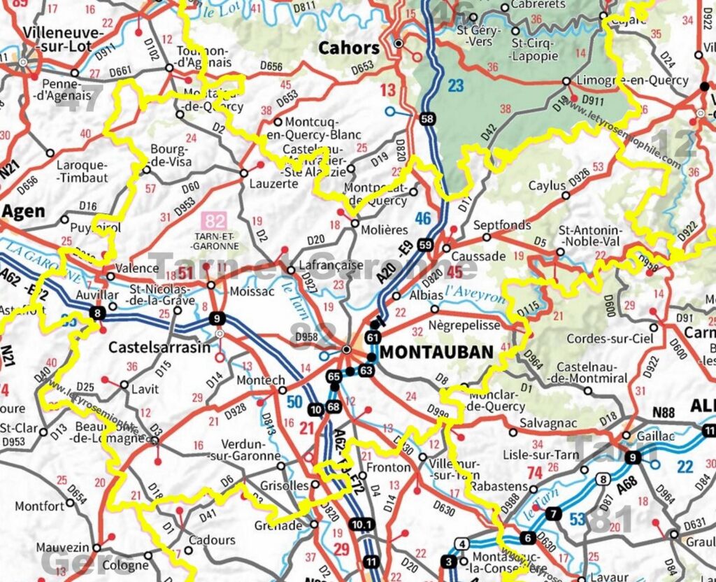Carte routière de Tarn-et-Garonne.