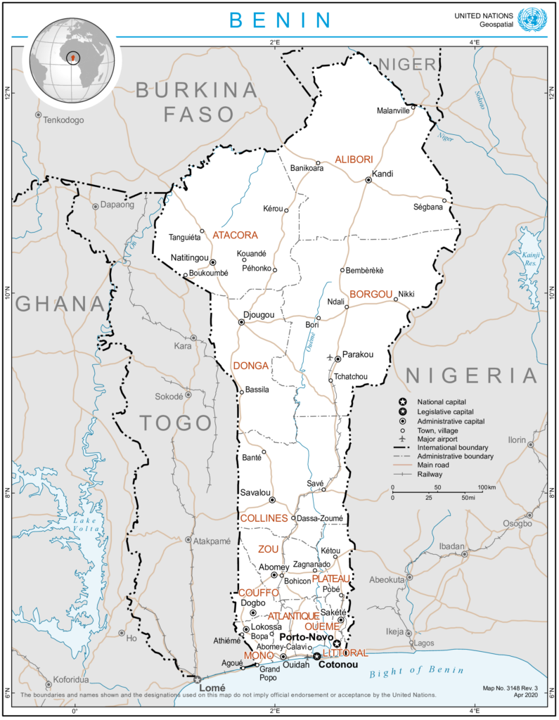 Carte des principales villes du Bénin.