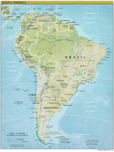 Carte en relief de l'Amérique du Sud.