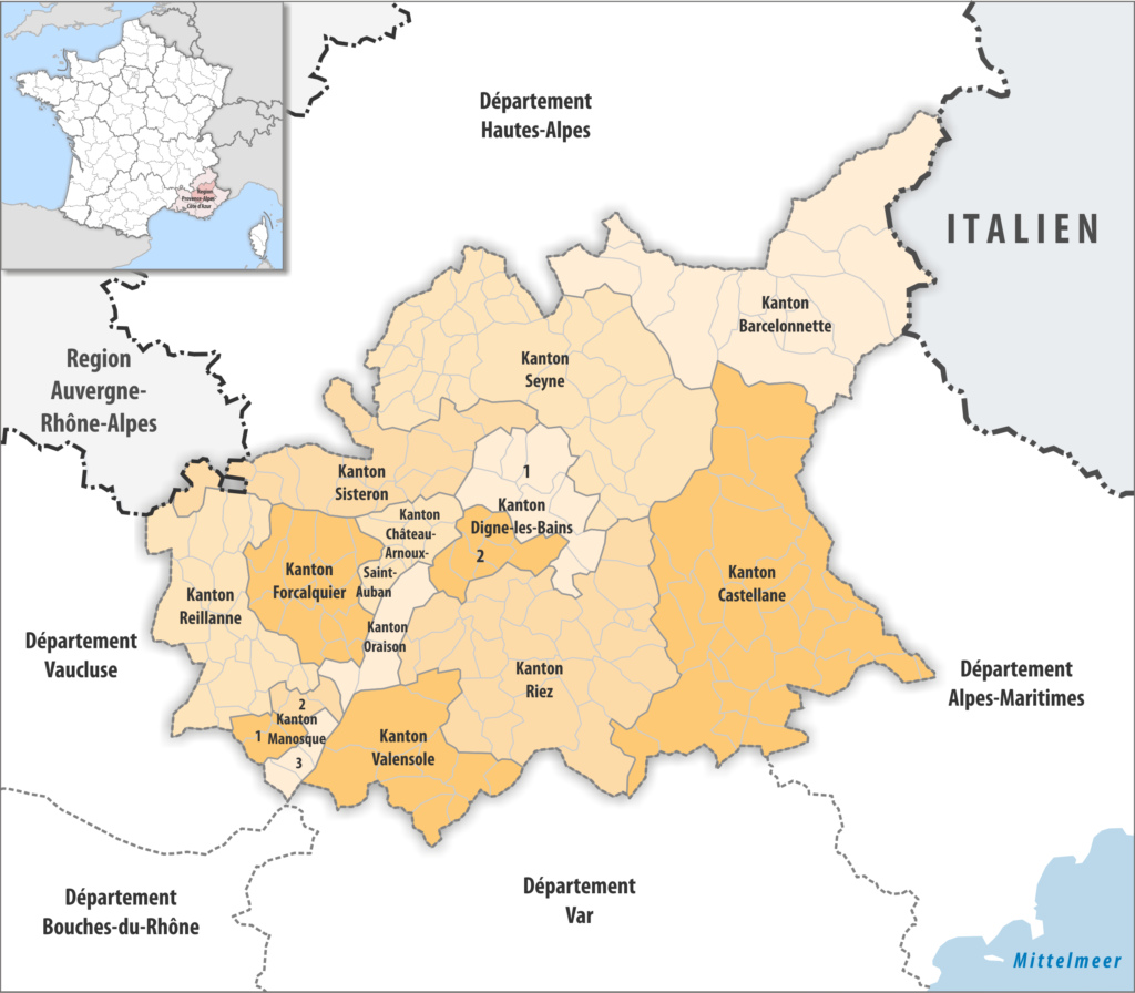 Carte des cantons du département des Alpes-de-Haute-Provence.