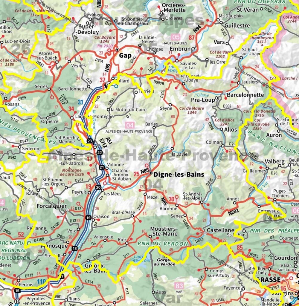 Carte routière des Alpes-de-Haute-Provence.