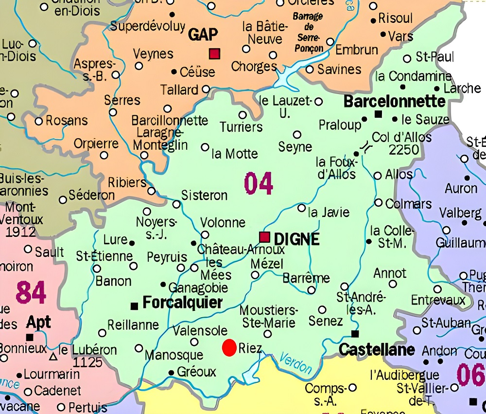Carte des principales communes des Alpes-de-Haute-Provence.