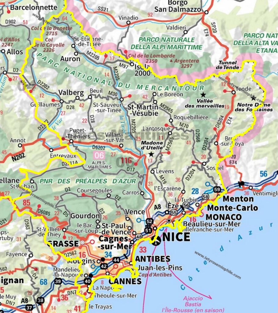 Carte routière des Alpes-Maritimes.
