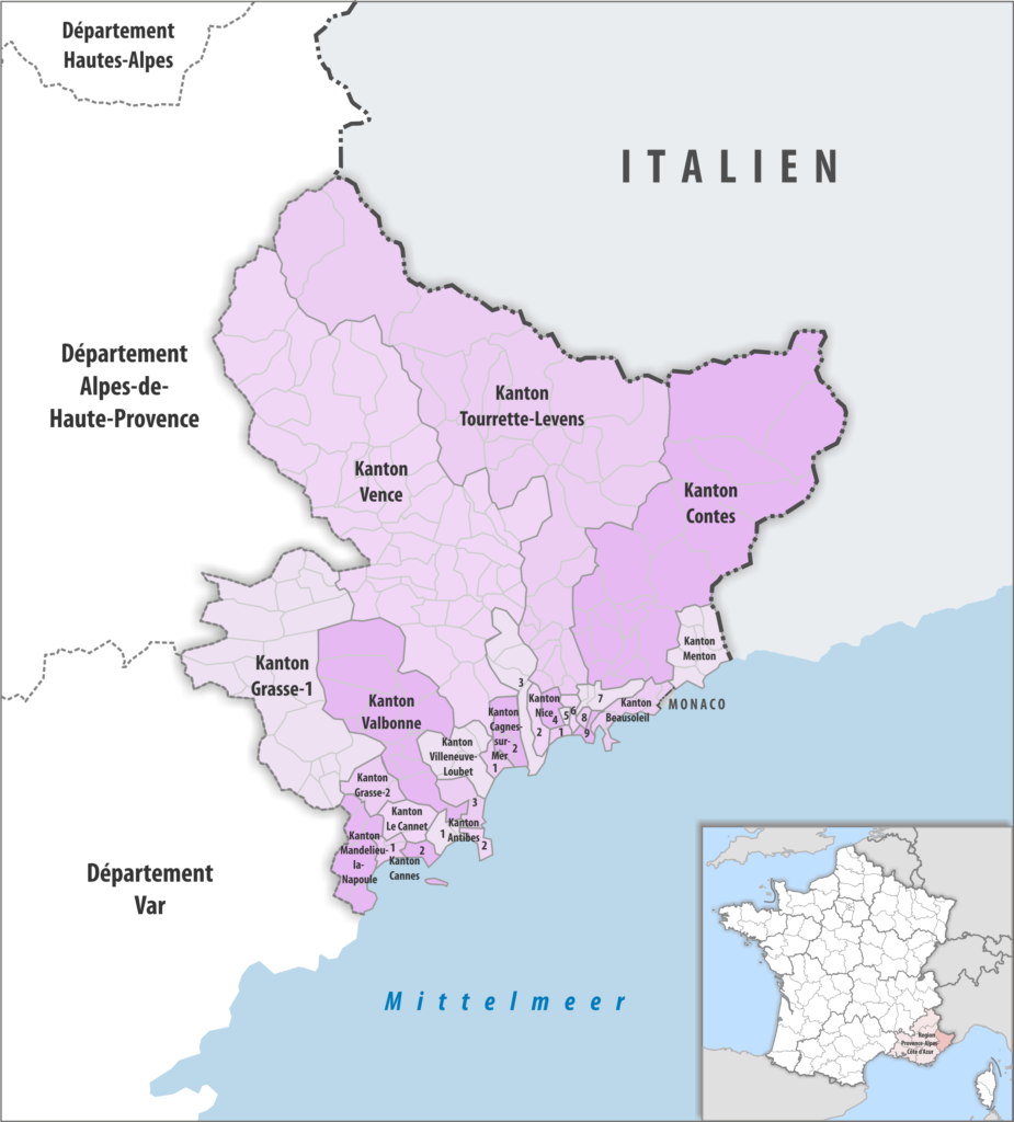 Carte des cantons du département des Alpes-Maritimes.