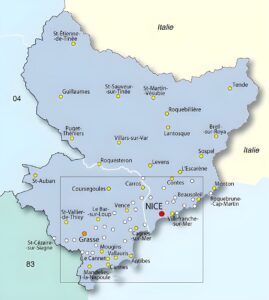 Carte des principales villes des Alpes-Maritimes.