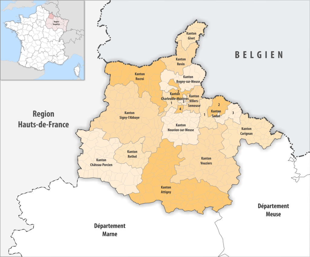 Carte des cantons du département des Ardennes.