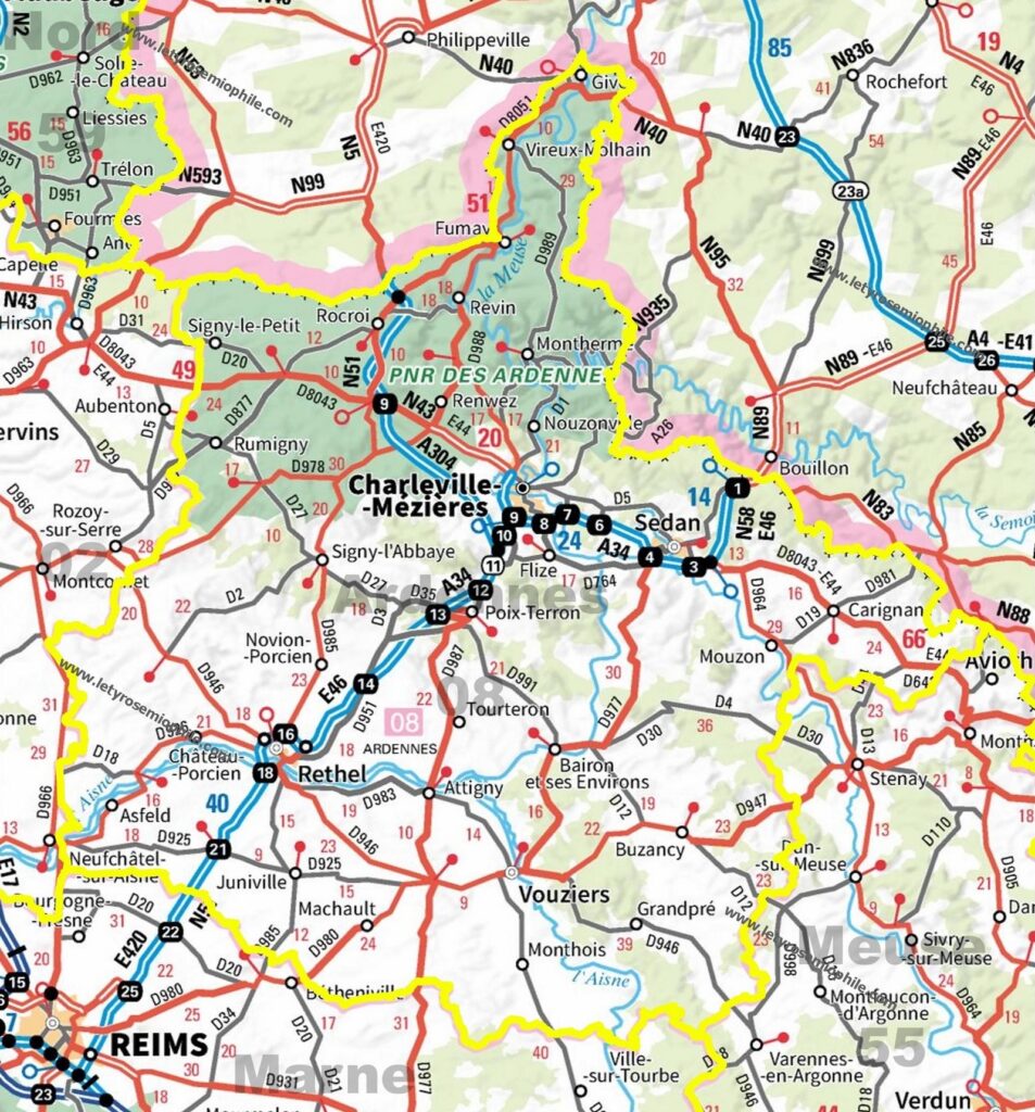 Carte routière des Ardennes.