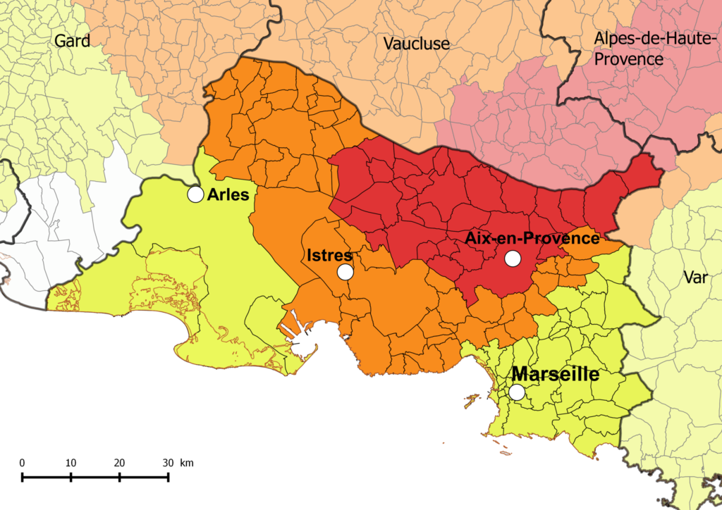 Carte du zonage sismique des Bouches-du-Rhône.