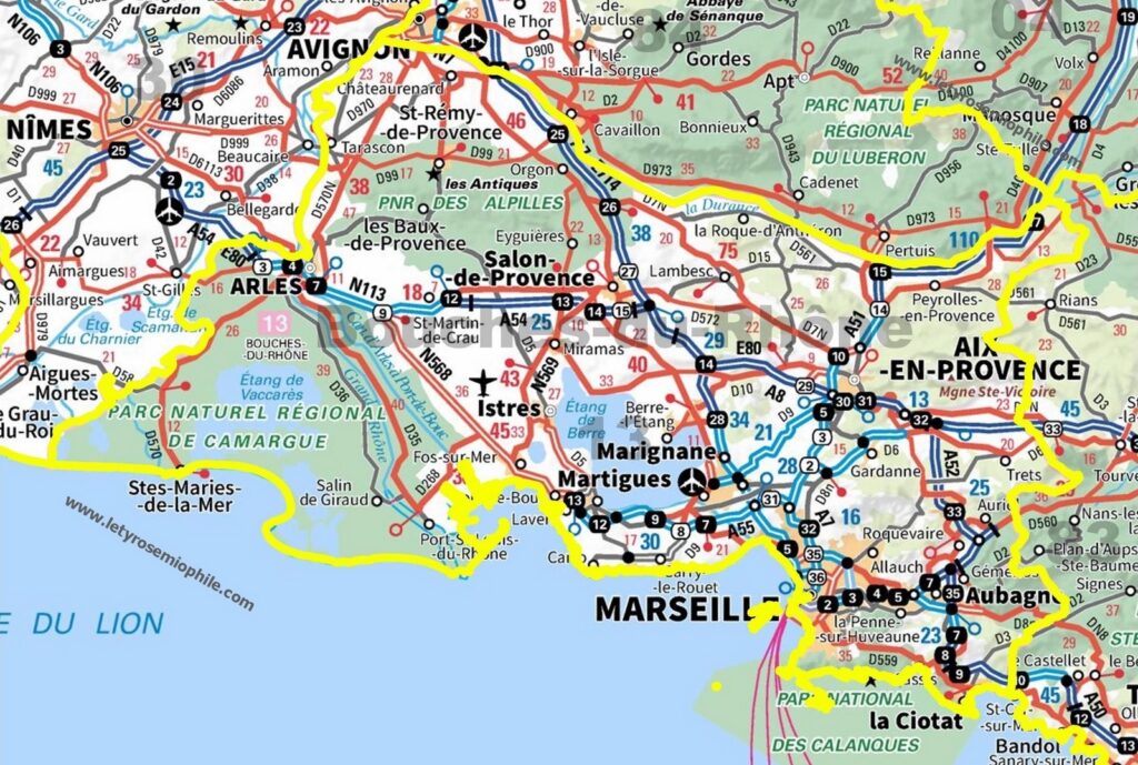 Carte routière des Bouches-du-Rhône.