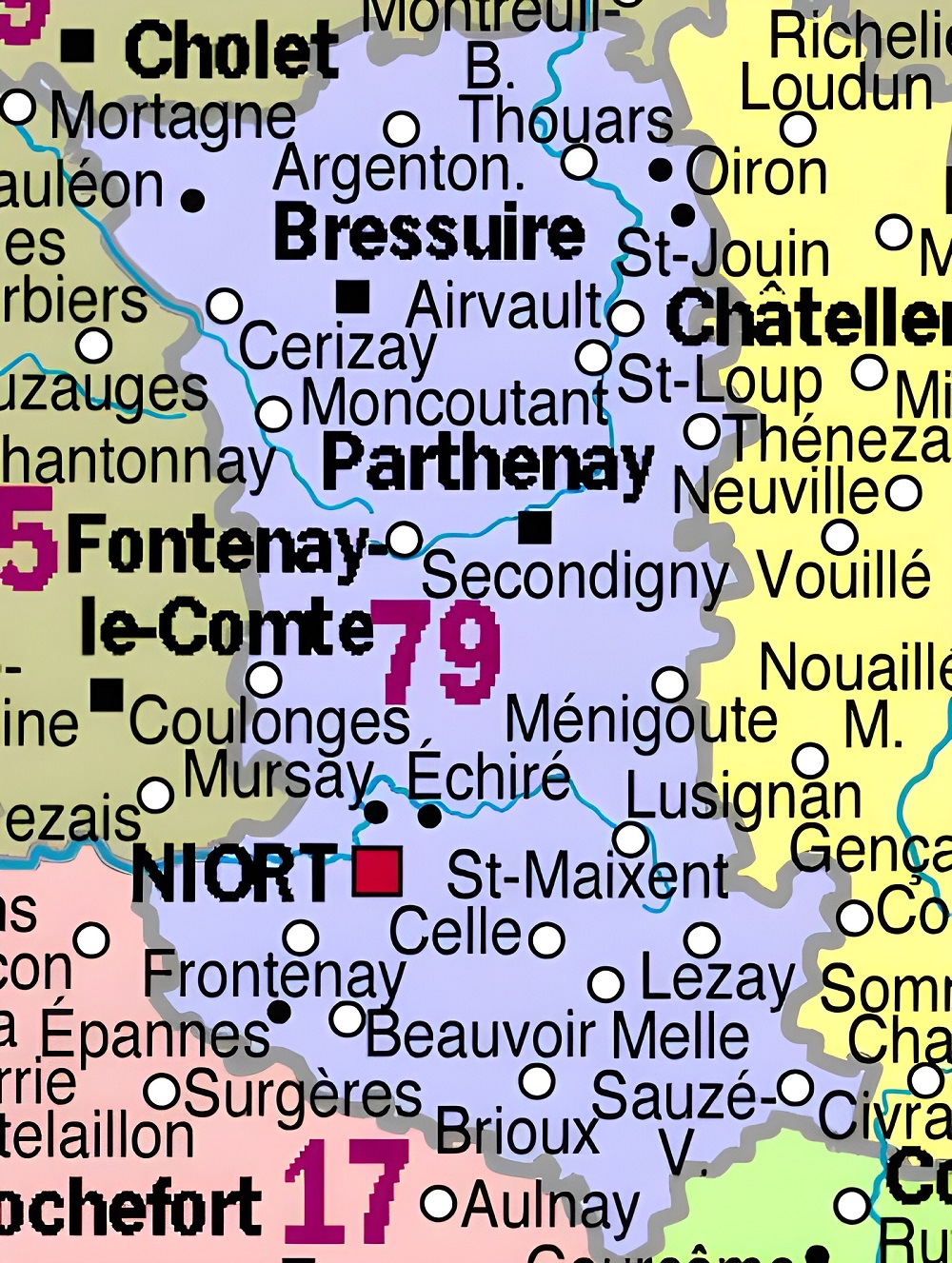 Carte des principales communes des Deux-Sèvres.