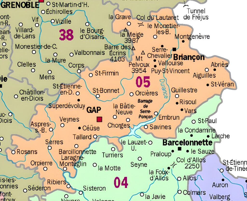 Carte des principales communes des Hautes-Alpes.