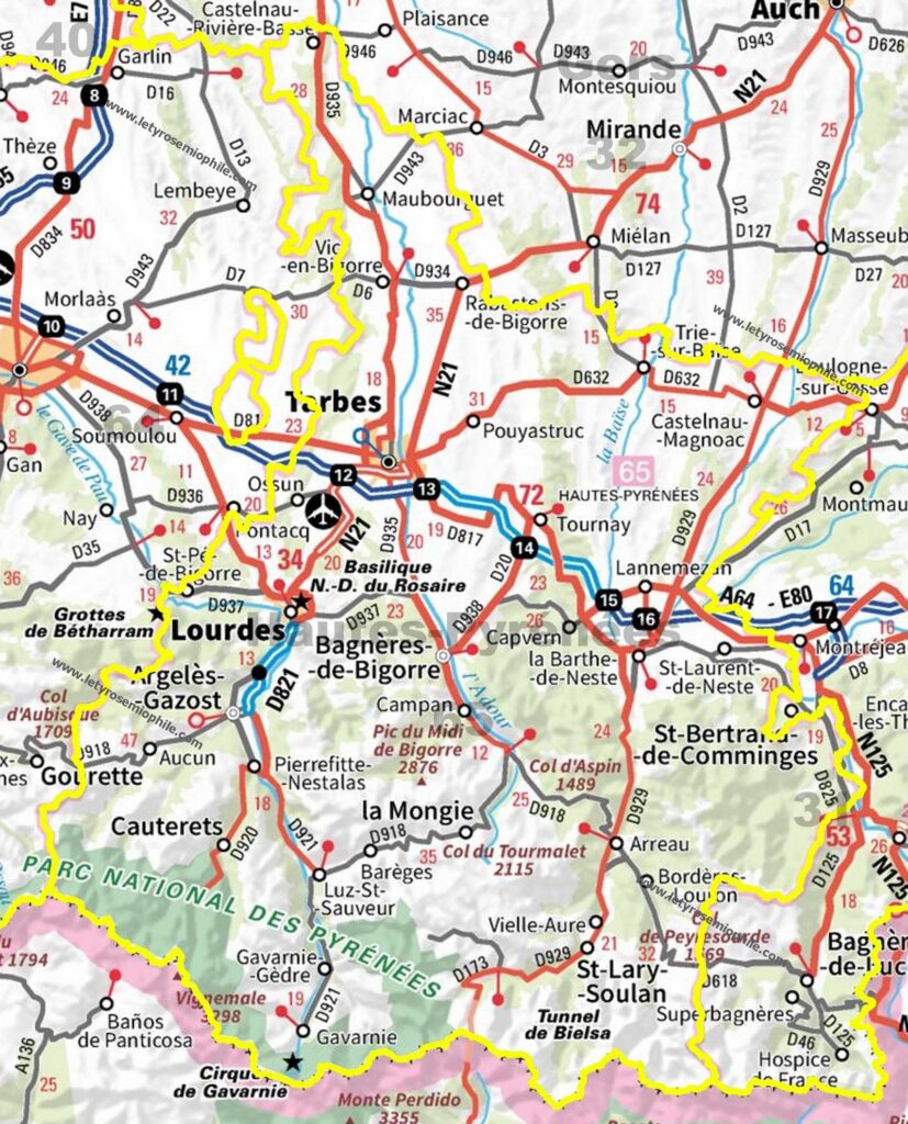 Carte routière des Hautes-Pyrénées.