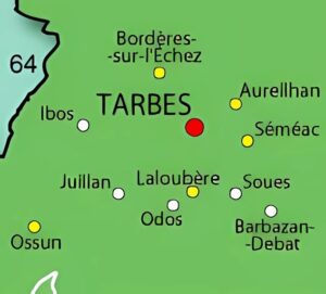 Carte des principales villes dans les environs de Tarbes.