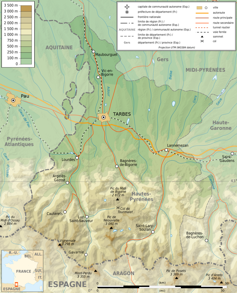 Carte topographique des Hautes-Pyrénées.
