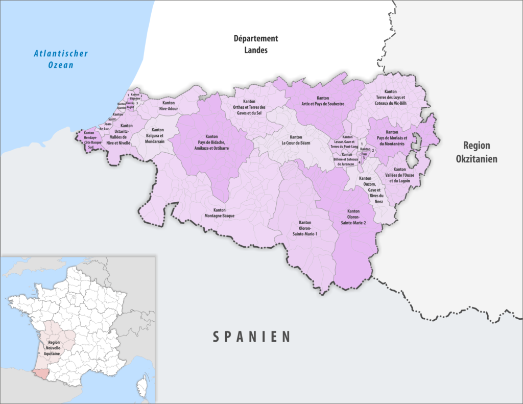 Carte des cantons du département des Pyrénées-Atlantiques.