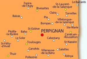 Carte des principales villes dans les environs de Perpignan.