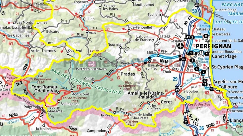 Carte routière des Pyrénées-Orientales.