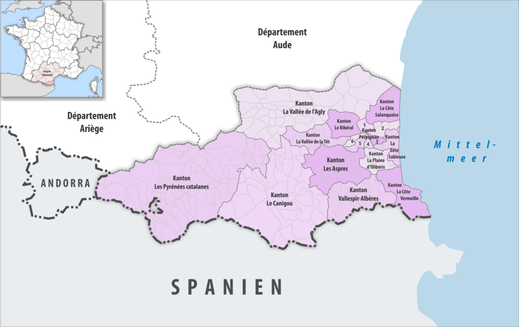 Carte des cantons du département des Pyrénées-Orientales.