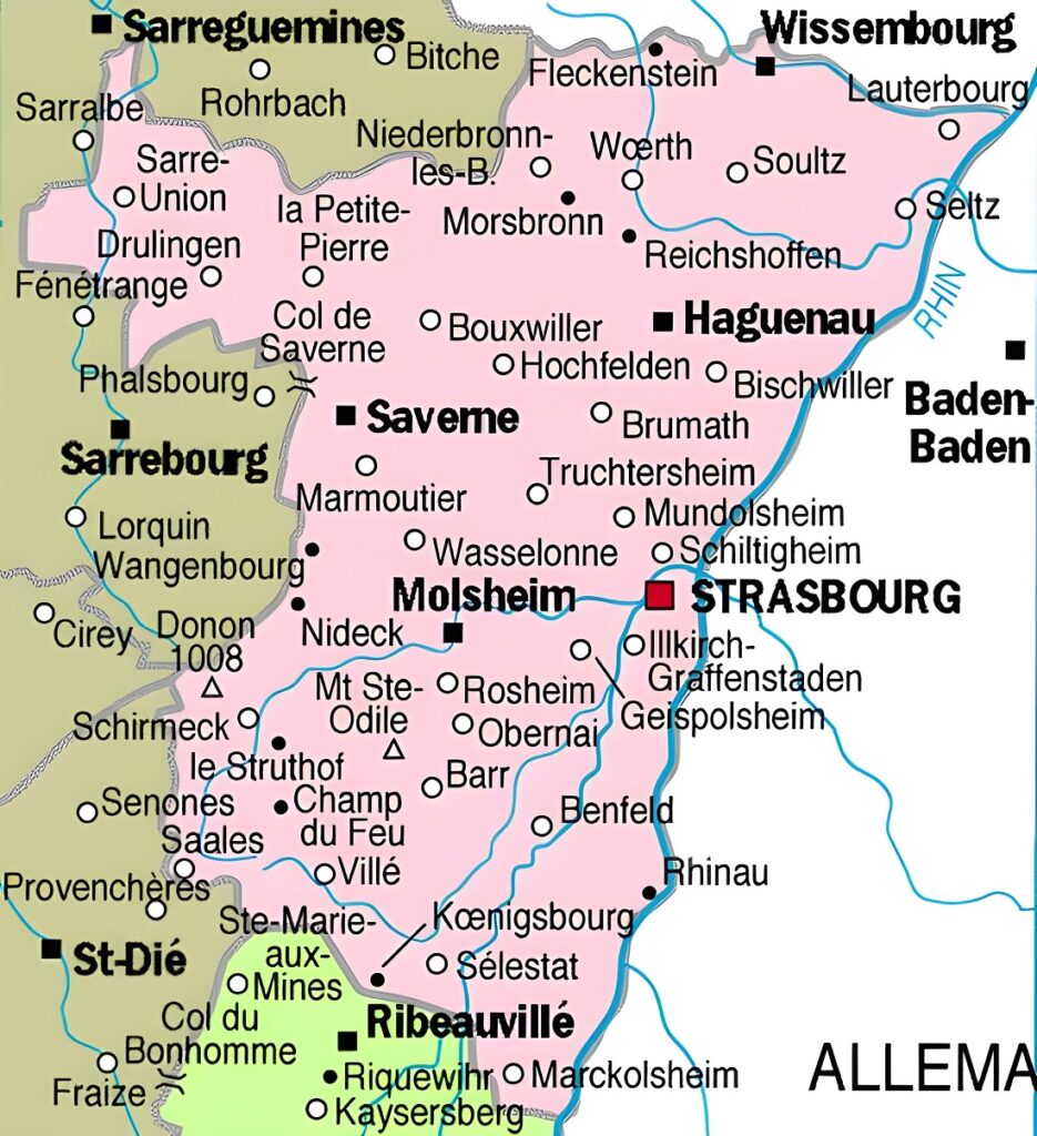 Carte des principales communes du Bas-Rhin.