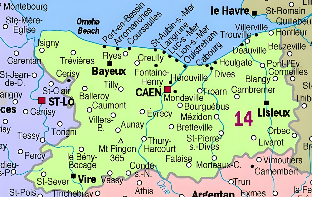 Carte des principales communes du Calvados.