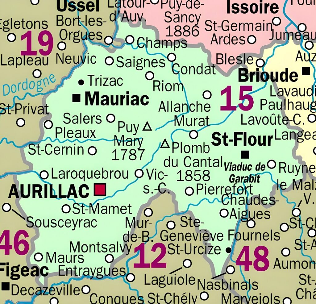 Carte des principales communes du Cantal.